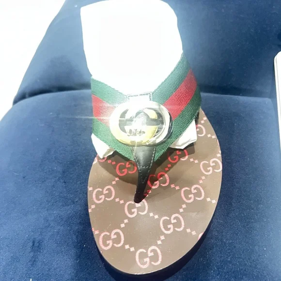 GUCCI INTERLOCKING GG KIKA THONG SANDALS RED GREEN WEB SZ 37 NEW - Picture 4 of 11